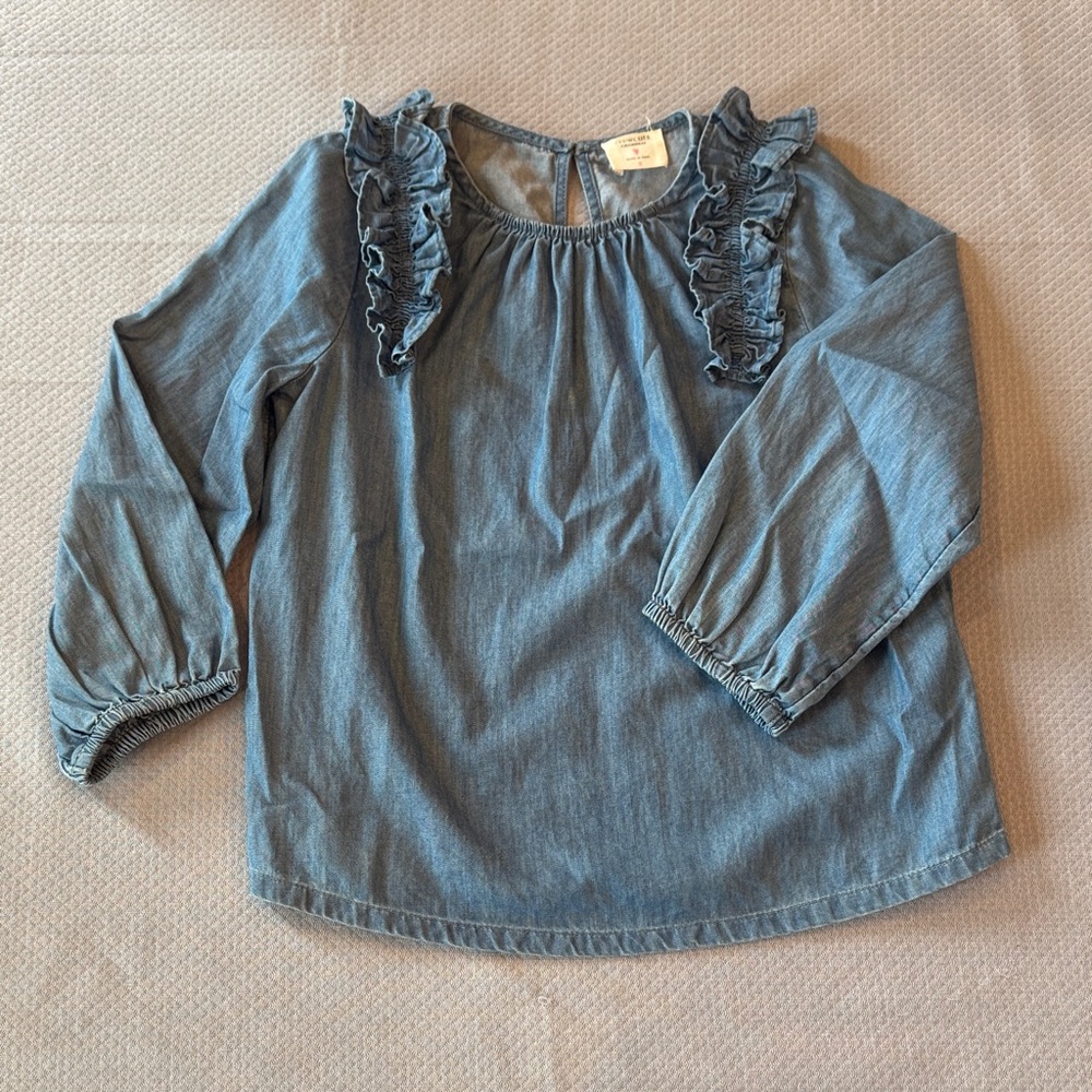 Crewcuts Girls Denim-Style Ruffle Shoulder Top - Blue